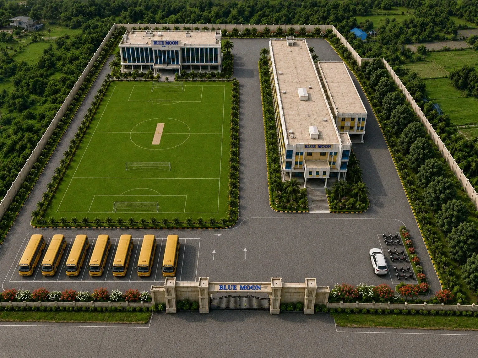 Top aerial view of the full Blue Moon campus layout