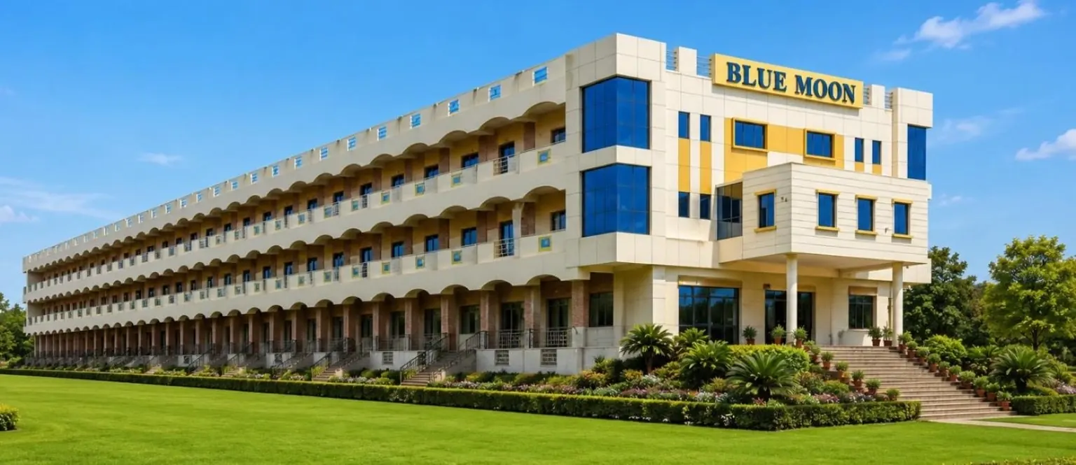 Close aerial view of Blue Moon campus with sports ground and academic blocks
