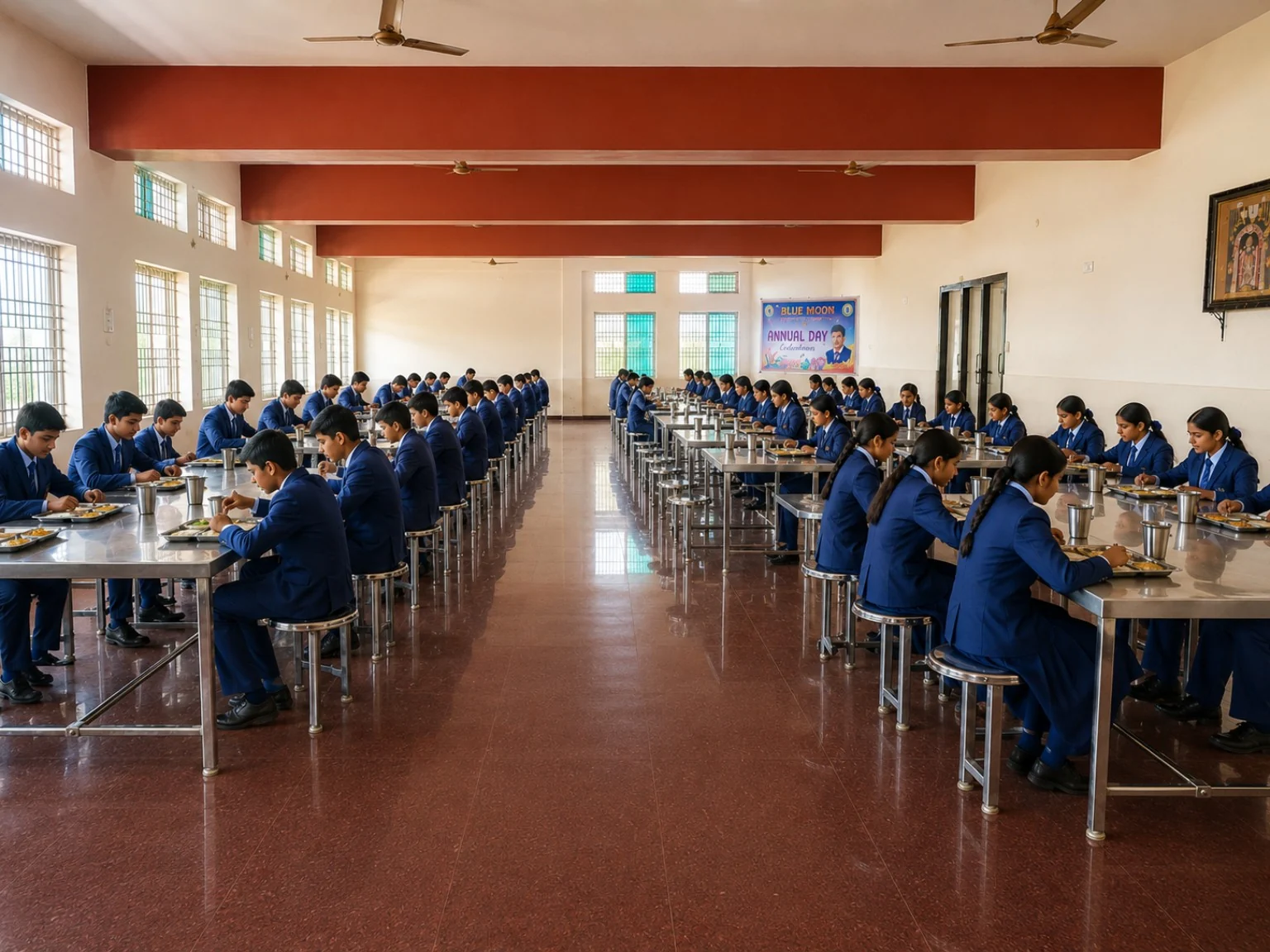 Students dining in the Blue Moon hostel dining hall